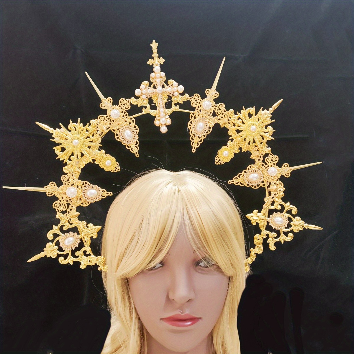 Faux Pearl Tiara Halo Crown Mary Goddess Headband Women Cosplay Costume ...