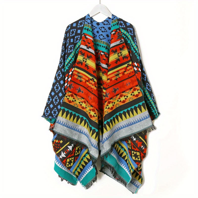 Boho Plaid Jacquard Large Shawl Vintage Warm Cape Scarf