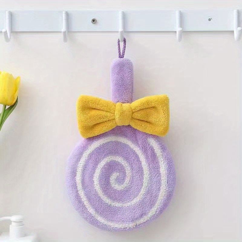 Image of 1pc Cute Lollipop Hand Towel - Coral Fleece Absorbent Wipe Cloth For Kitchen And Bathroom Decor, Bathroom Accessories
