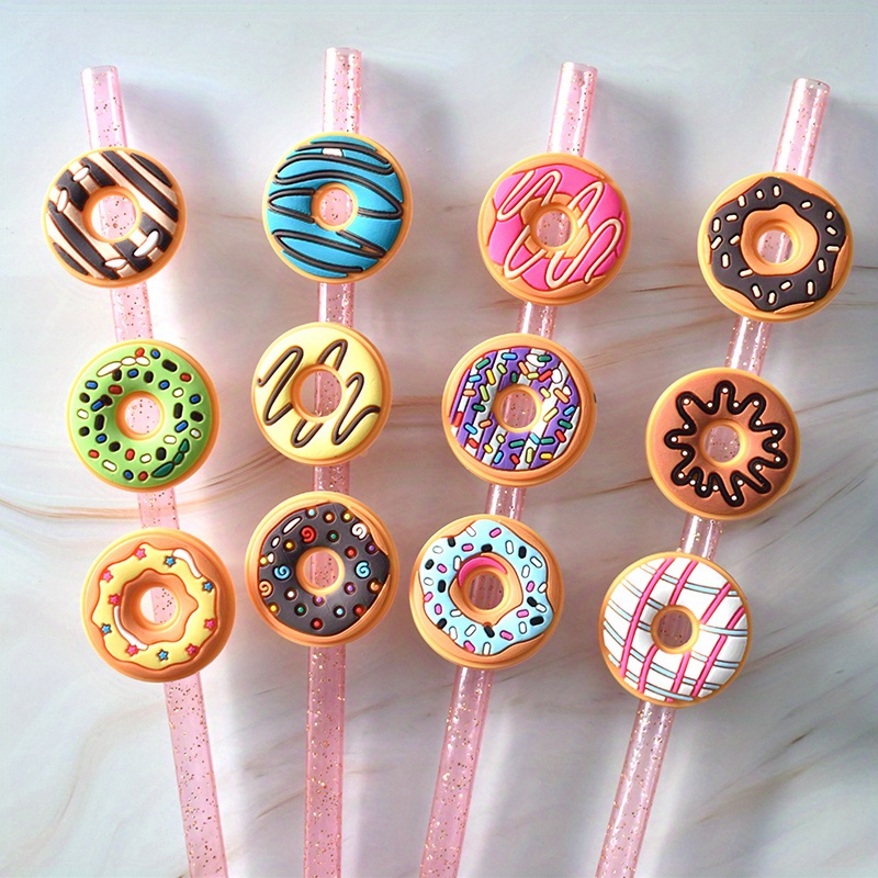 12pcs donut shaped straw topper set plastic no power required wood free fun party decorations and gifts details 0