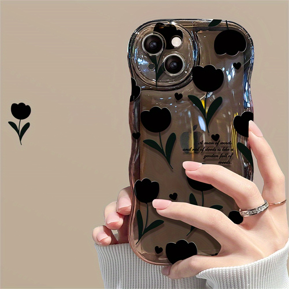 Aesthetic Black Tulip Wavy Phone Case for iPhone 14 Pro Max 13 