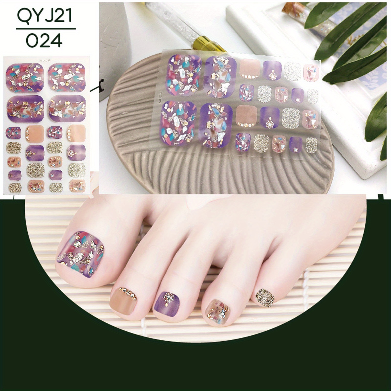 22pcs Gradient Toe Nail Stickers with Sequins and Glitter DIY Manicure Decals