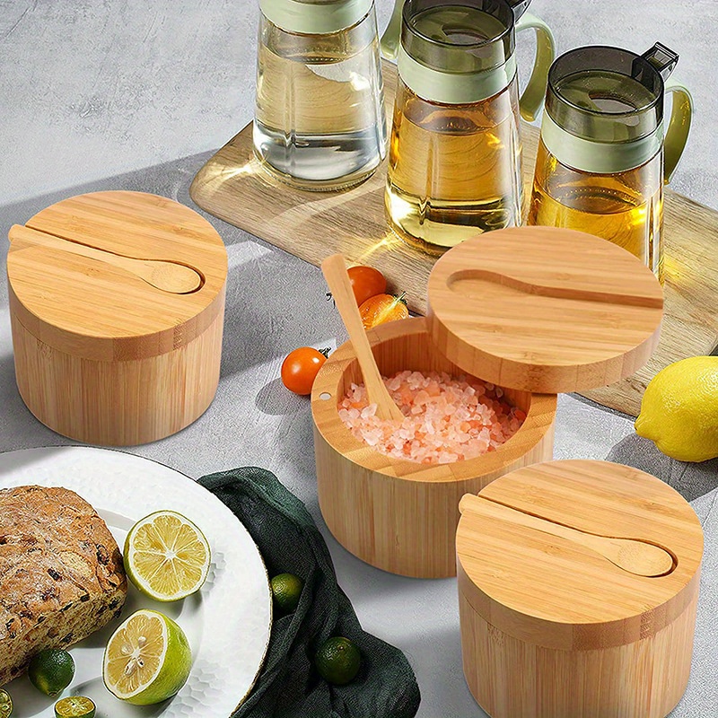 Bamboo Double Grid Round Seasoning Jar With Spoon Bamboo High Temperature  Carbonization Seasoning Box Salt Jar Kitchen Utensils Seasoning Bottle -  Temu