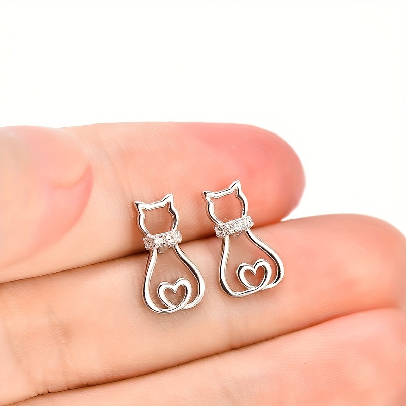 Image of Stylish And Cute Hollow-out Synthetic Zirconia Cat Earrings, Sweet Kitten Animal Ear Accessories