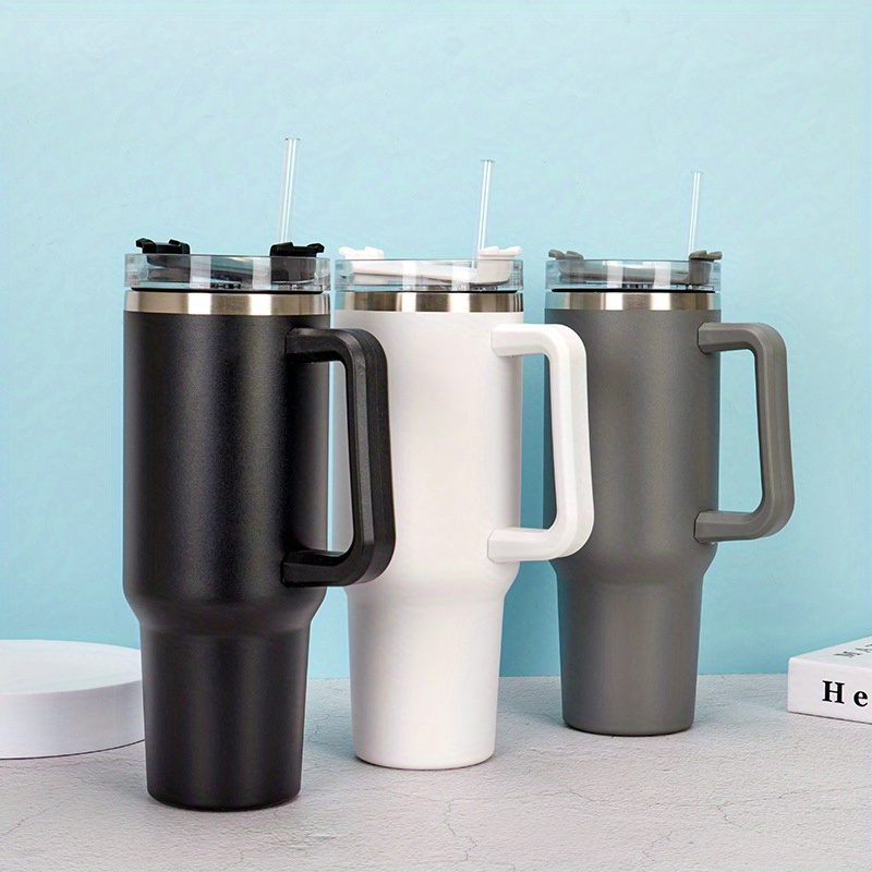 mininoo Vaso térmico de acero inoxidable de 40 onzas con tapa y pajitas,  vaso para café con doble vacío a prueba de fugas con asa (paquete de 2)