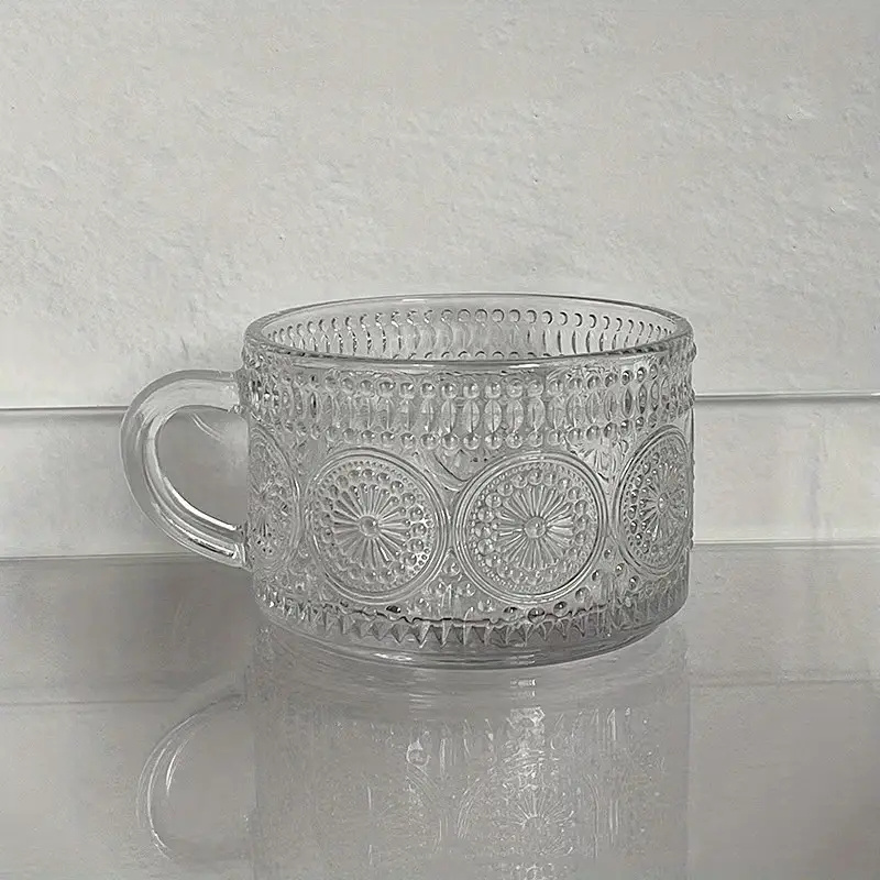 1Pcs Vintage Sunflower Glass Cup Large Capacity Clear Embossed