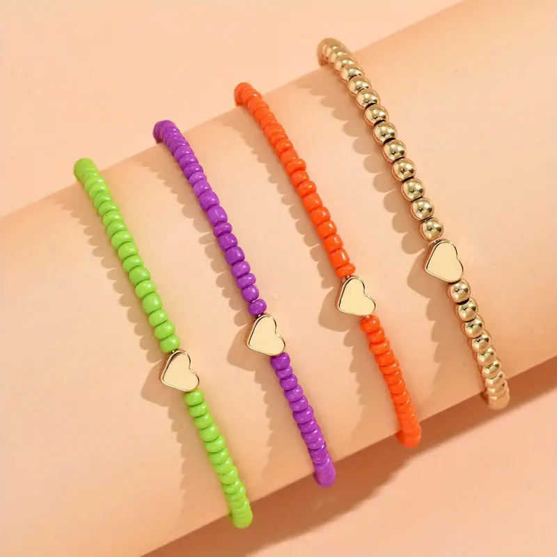 Heart Elastic Beaded Bracelet Set Candy Color Stackable Hand Jewelry For  Women & Girls Daily Wear Boho Style Cute Jewelry Accessories