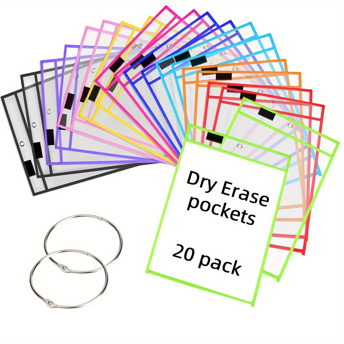 6-Pack Dry Erase Black Pockets Plastic Sleeves for Organized Learning