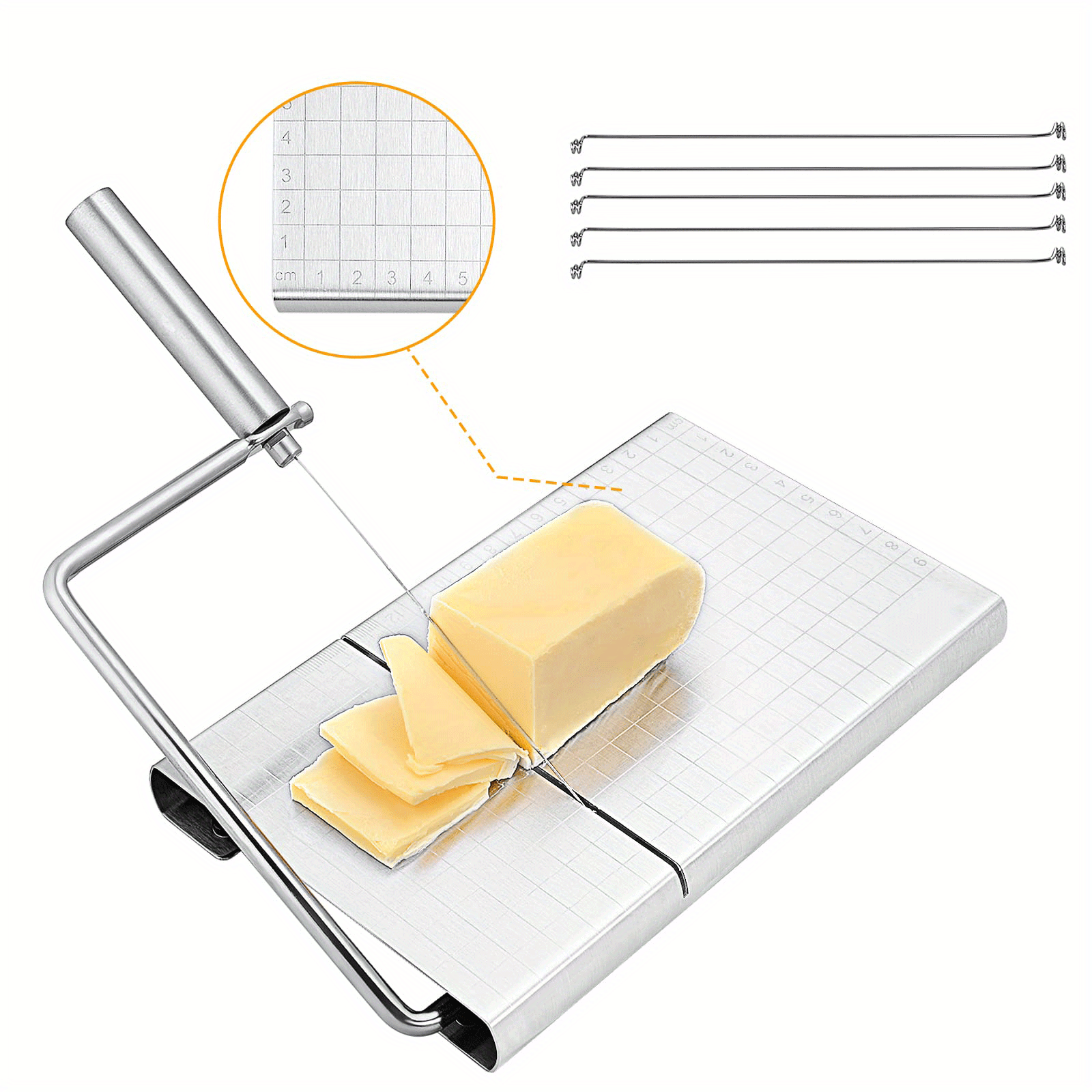 Cortador de queso, cortador de queso de acero inoxidable con 5 cortadores  de queso de alambre de repuesto para rebanadoras de queso de metal con