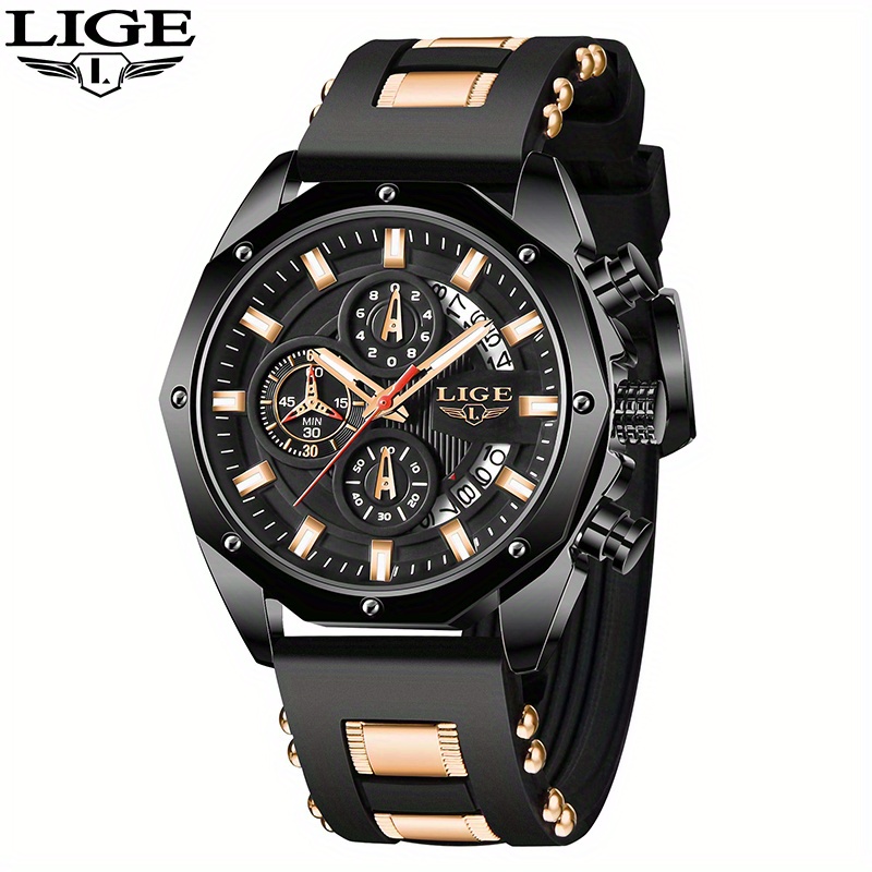 Lige Quartz Watch For Men Golden Black Men's Watches Top - Temu