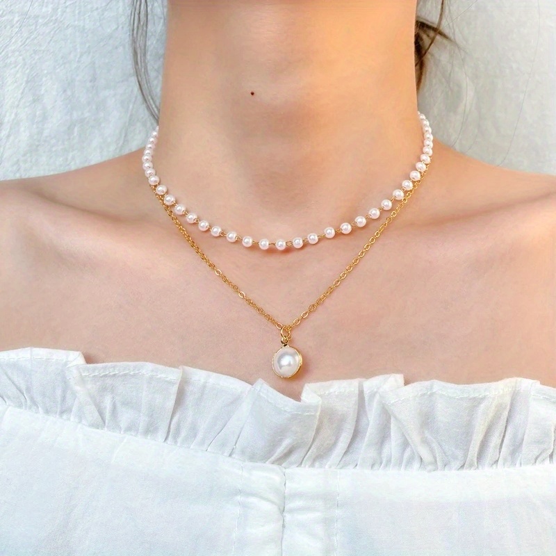 Double Layered Imitation Pearl Necklace Elegant Simple Style For Women  Party Neck Accessories