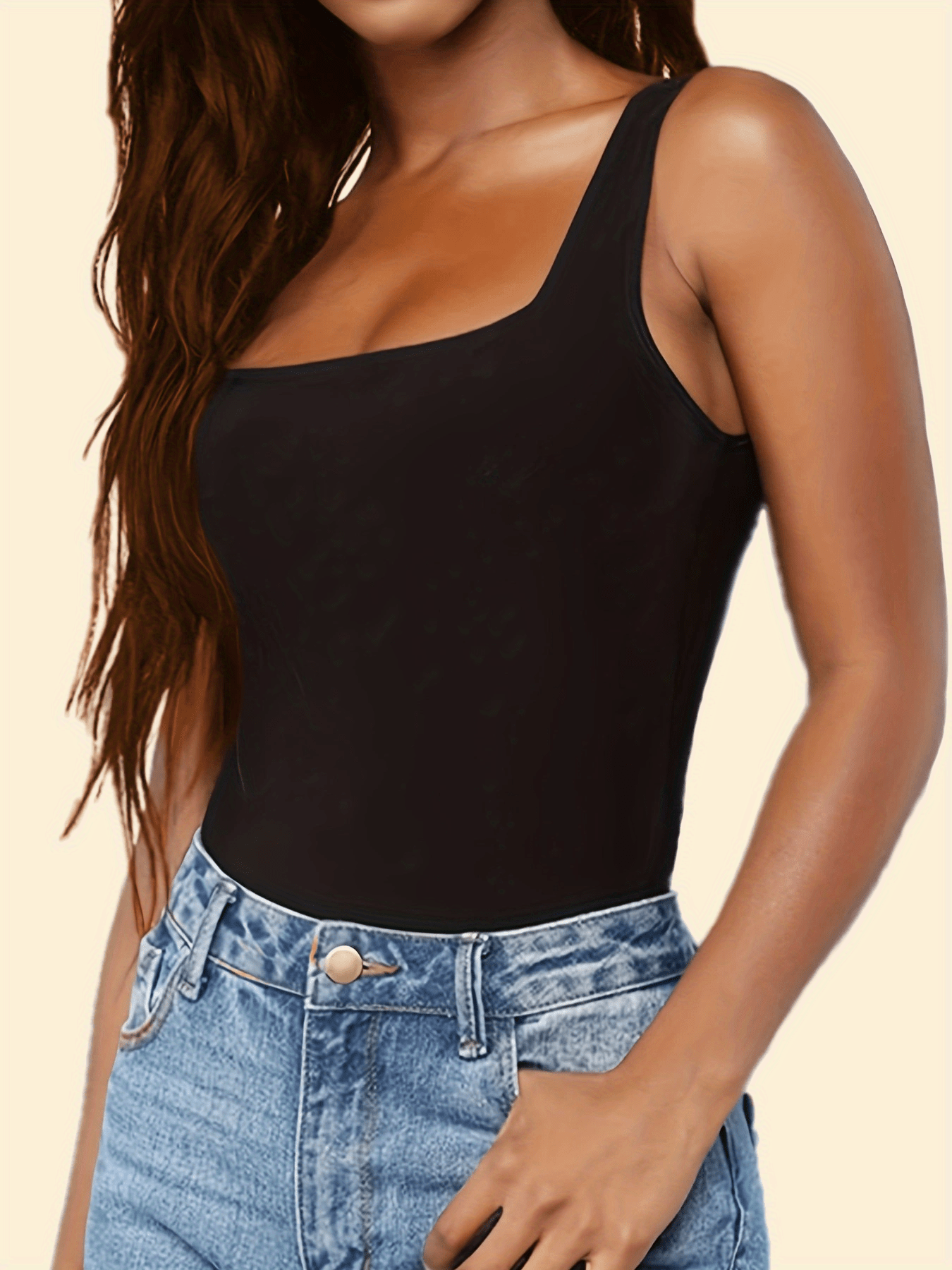 Square Neck Tank Top Bodysuit Casual Solid Sleeveless One - Temu