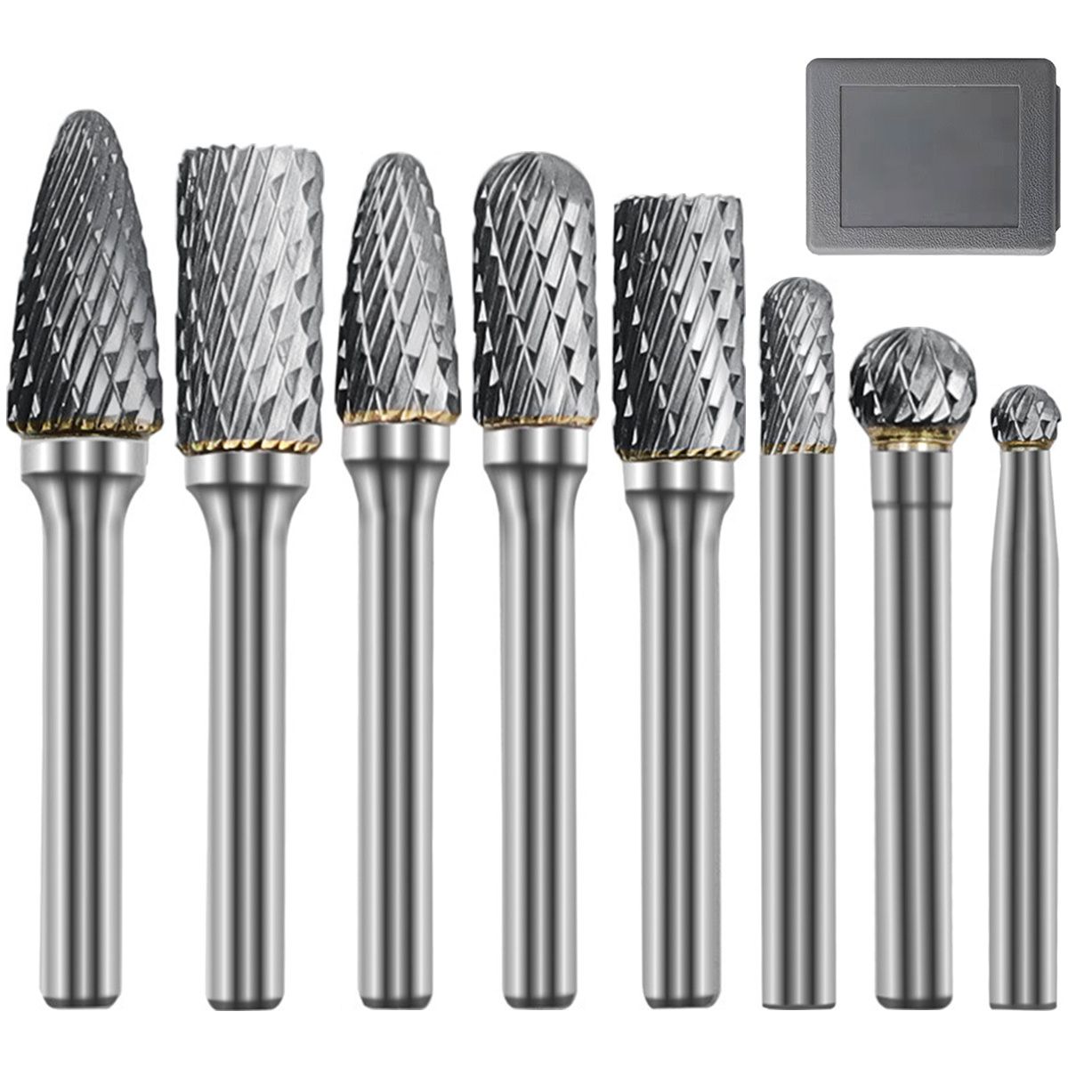 8pcs Carbide Burr Set Cut Carbide Rotary Burr Set Sturdy Tungsten Cut Rotary Die Grinder Bits with 1/4Inch Shank Professional Solid Carbide Carving