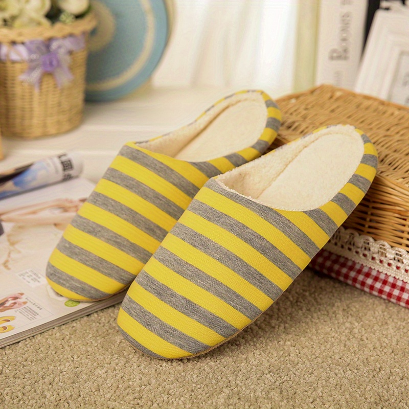 TEMU Women's Plush Lined Slippers, Comfy & Warm Striped Closed Toe Flat Shoes, Indoor Bedroom Slippers