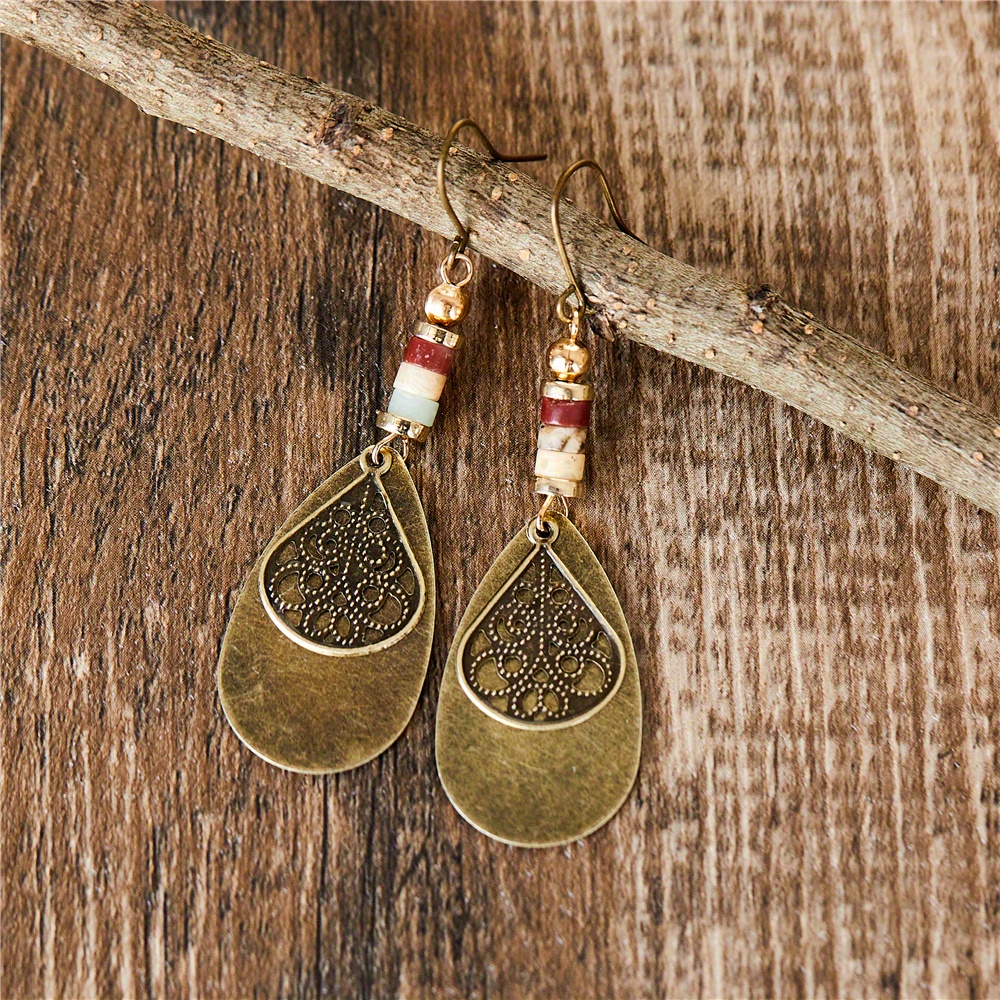 Image of Bohemian Retro Drop Shape Carved Pattern Dangle Earrings Women's Personality Earrings Festival Commemorative Jewelry Gift