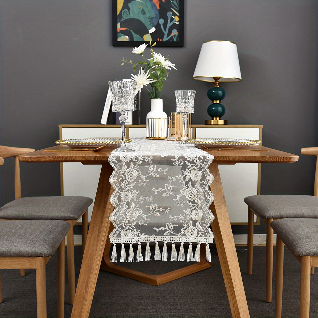 1pc Lace Flower Table Runner With Tassel Floral Hollow Out Fabric Dust Cover Table Cloth Elegant