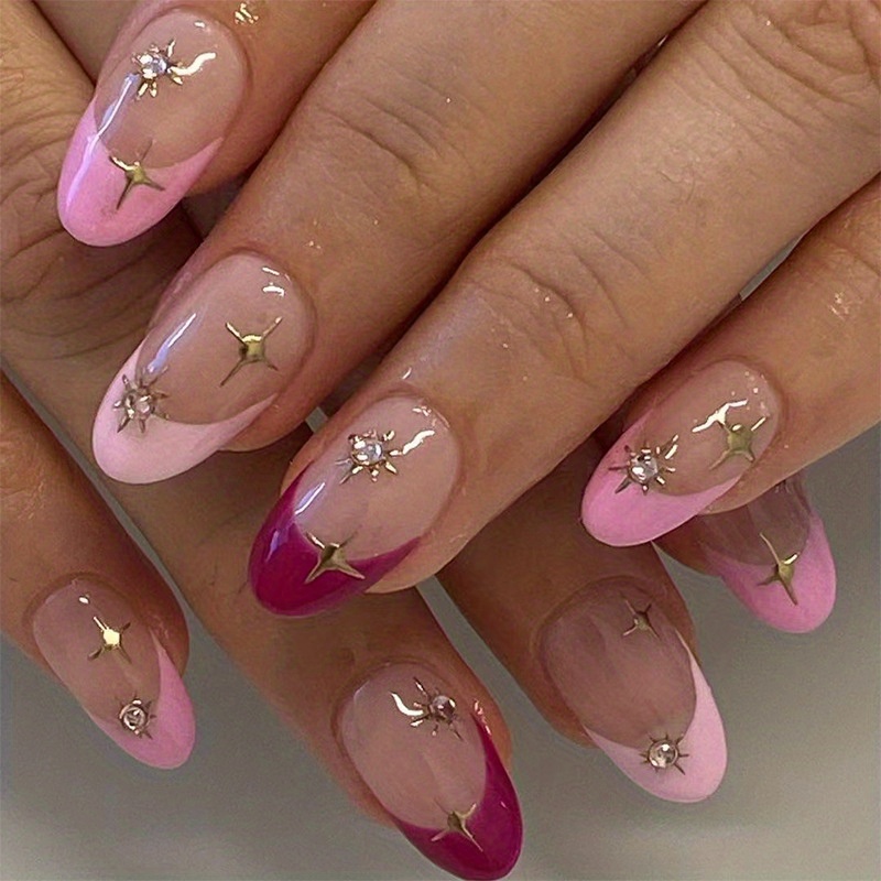 24pcs y2k pink and rose red french tip press on nails short almond fake nails spring and summer glossy full cover stick on nails false nails with star and rhinestone design for women girls details 1