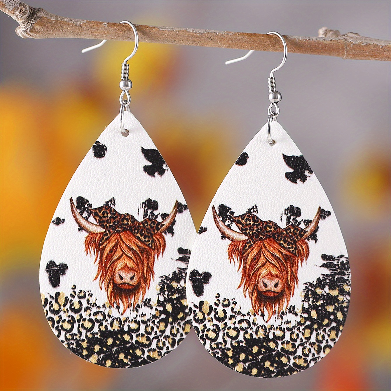 leopard bull head shape pattern pu leather drop hook earrings for women girls ethnic retro style black brown 7