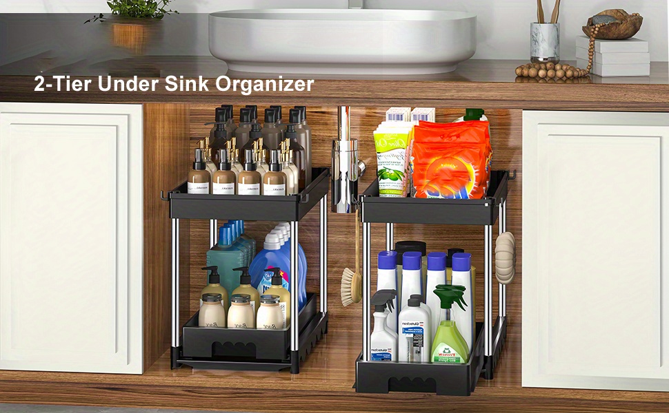 NUTSAAKK 2 Pack Under Sink Organizers and Storage, Kitchen Cabinet  Organizer with Sliding Drawer, Upgraded Bathroom Organizer Under Sink, 2  Tier