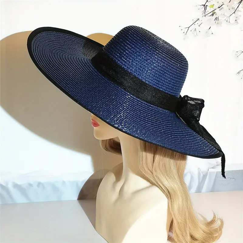 Large Brim Elegant Floppy Hat, Bow Decor Foldable Beach Sunshade Straw Hat, Women's Caps & Hats