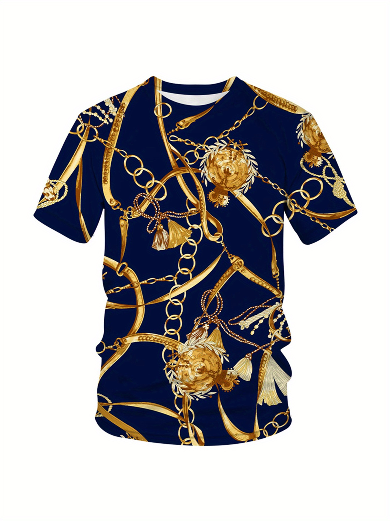 Baroque Style Golden Chain Pattern Print Men's T-shirt, Graphic Tee Men's  Summer Clothes, Men's Outfits