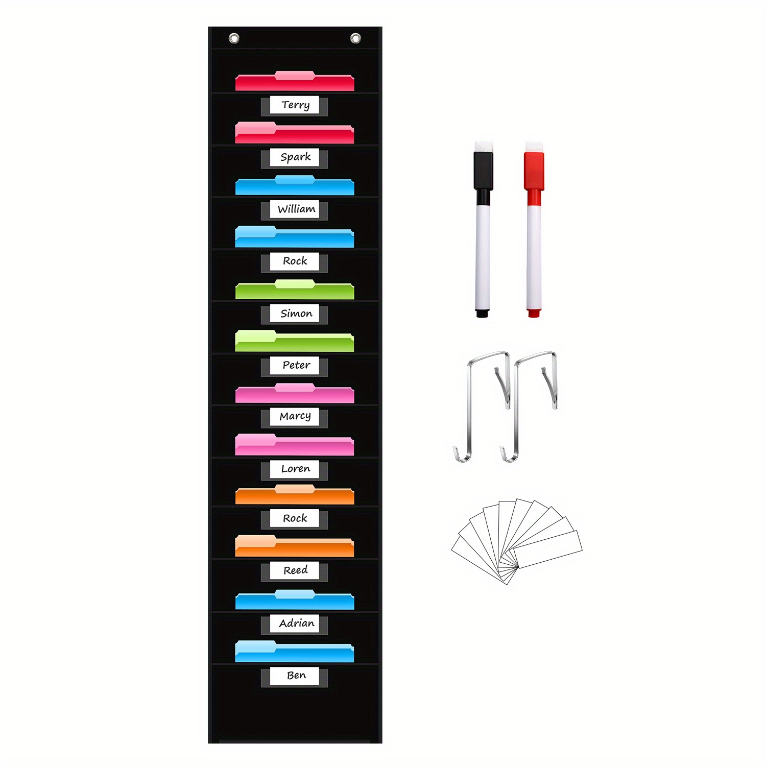 12 Pockets Door File Pocket Charts With 12 Name Pockets, Hanging Wall File Storage Organizer For Classroom With 2 Dry Erase Black Markers, Organize Your Assignments, Files, Scrapbooks, Paper (black)