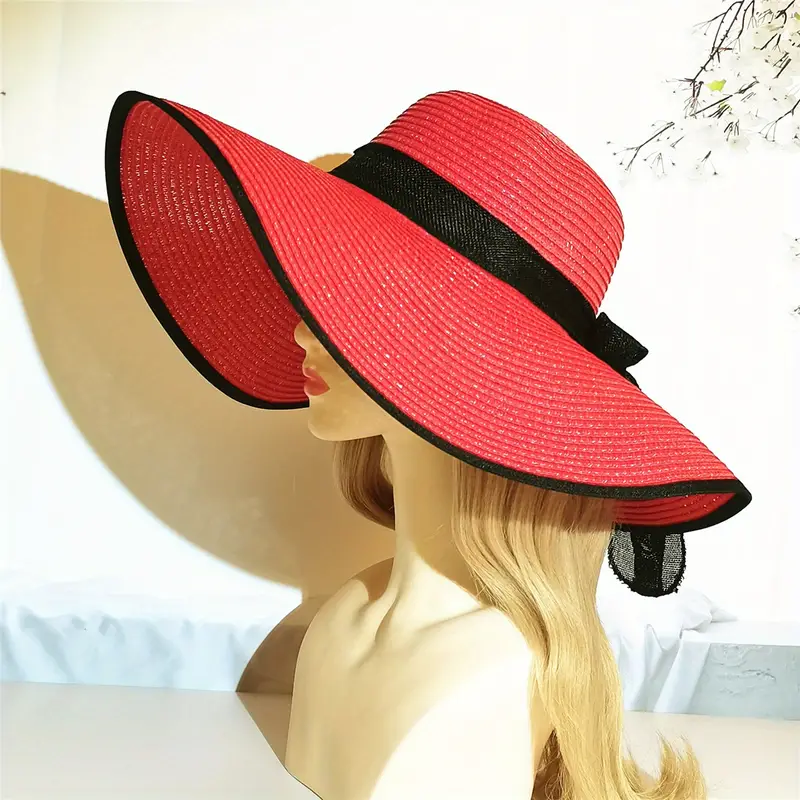Women's Large Brim Floppy Sun Hat with Bow Decoration - Foldable Beach Straw Hat for Elegant Sun Protection