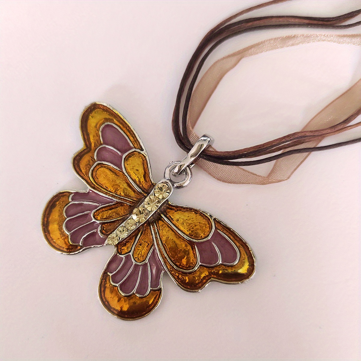 womens colorful butterfly inlaid zircon pendant ribbon charm necklace coffee 8