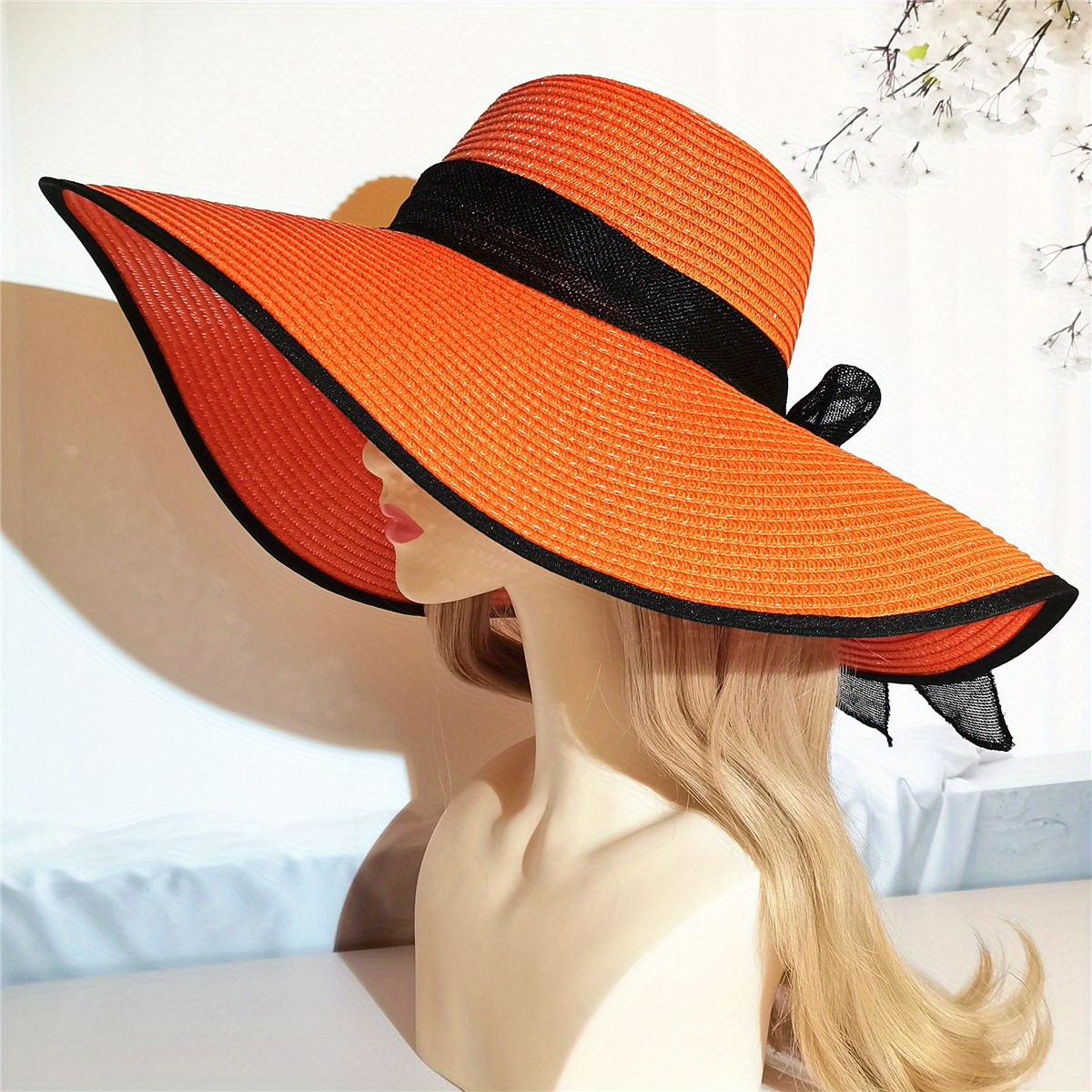 Large Brim Elegant Floppy Hat, Bow Decor Foldable Beach Sunshade Straw Hat, Women's Caps & Hats,Temu