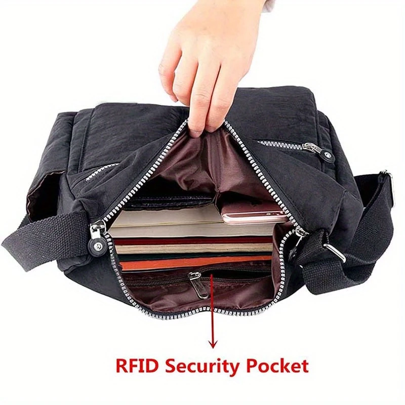 crossbody bag with anti theft rfid pocket durable nylon messenger bag lightweight casual shoulder bag large capacity satchel bag for men and women details 4