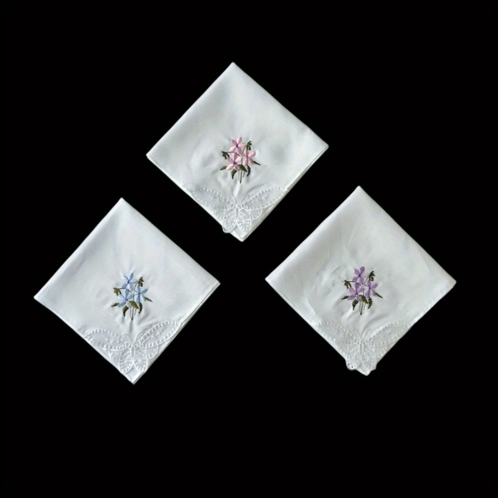 Image of 3-pack 11-inch Embroidered Cotton Handkerchiefs, Lightweight, Woven, Washable, For Wedding & Home Decor, Fits Pockets