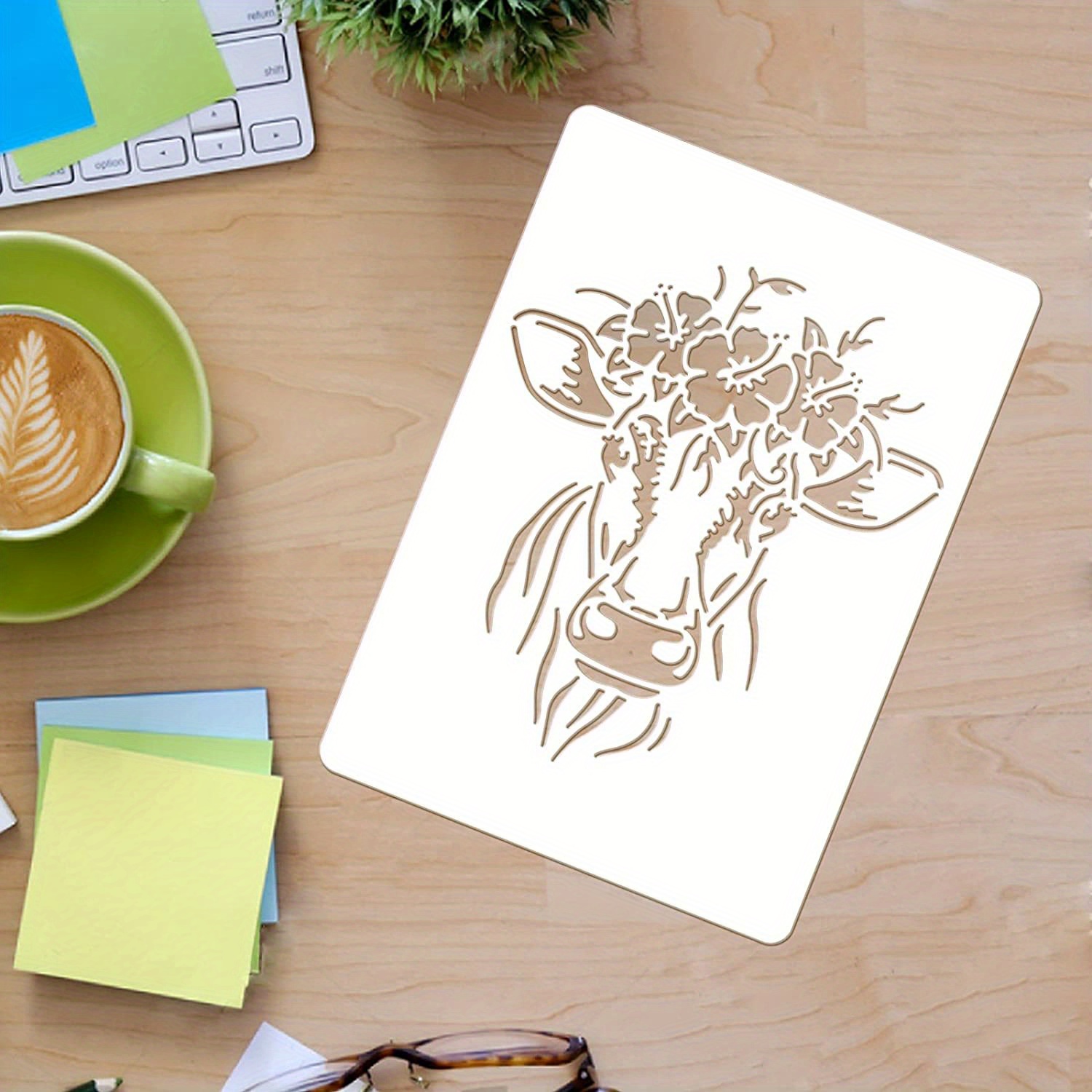 1pc Cow Stencils Template 11.6x8.3 Inches Plastic Flower Cow Drawing Painting Stencils Rectangle Reusable Stencils For Painting On Wood, Floor, Wall And Tile