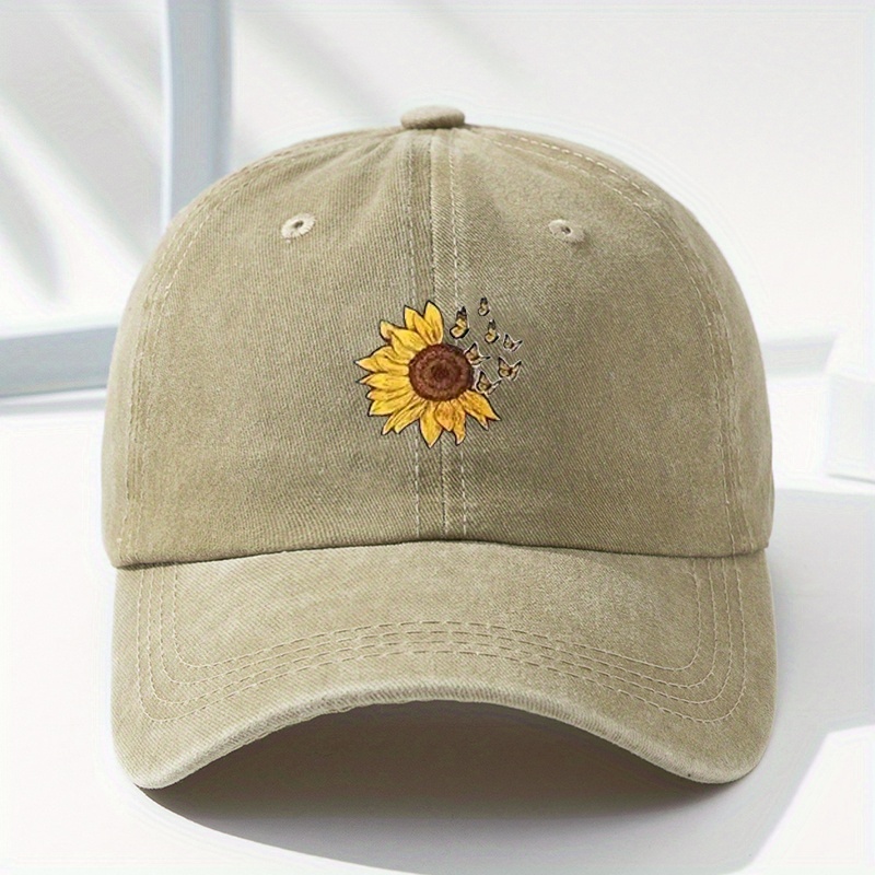 & Sunflower Print Baseball Cap, Washed Distressed Vintage Hat For Man