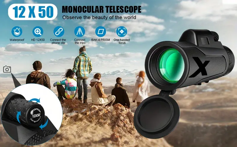 12x50 monocular telescope with smartphone holder with waterproof fog proof shockproof scope bak 4 prism fmc for bird watching hunting camping traveling wildlife observing details 0