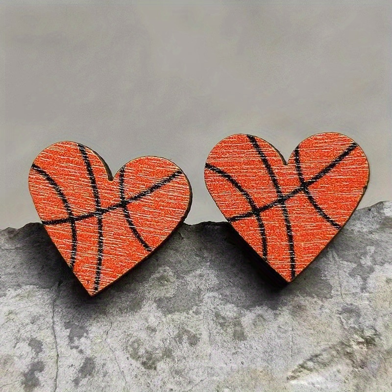 1 Pair Round & Heart-Shaped Wooden Earrings, Creative Baseball Basketball Rugby Football, Soccer Pattern Sports Earrings,Temu