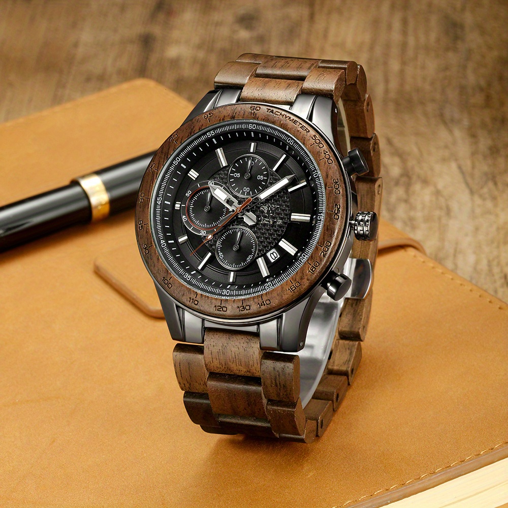 Image of Vicvs Men's Walnut Wood Strap Watch With Date Calendar - Quartz Movement, Roman Dial, Elegant Or Casual Wear, Ideal Gift For Him, Vintage Style, Classic