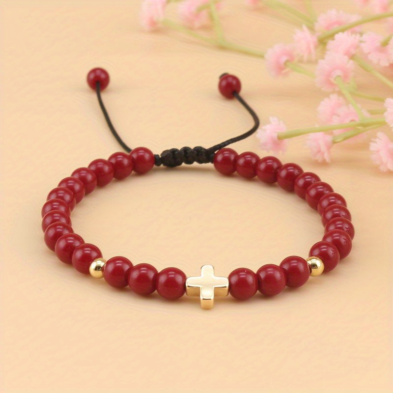 6 mm Unakite Round Stone Beads Woven Wax Cord Adjustable Bracelet