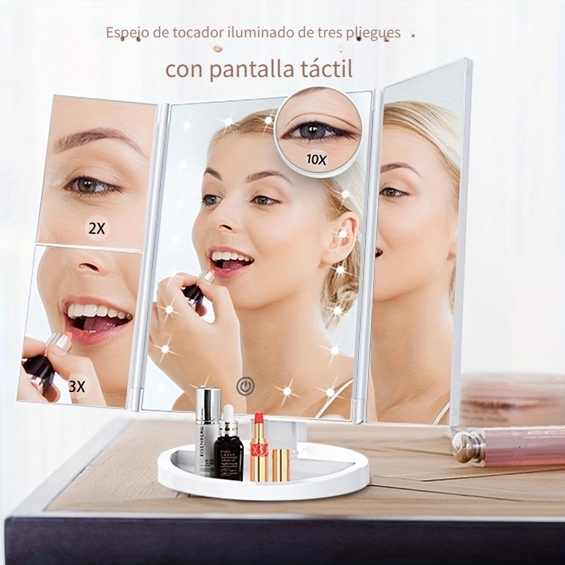 Espejo de maquillaje LED con iluminación táctil ajustable, espejo