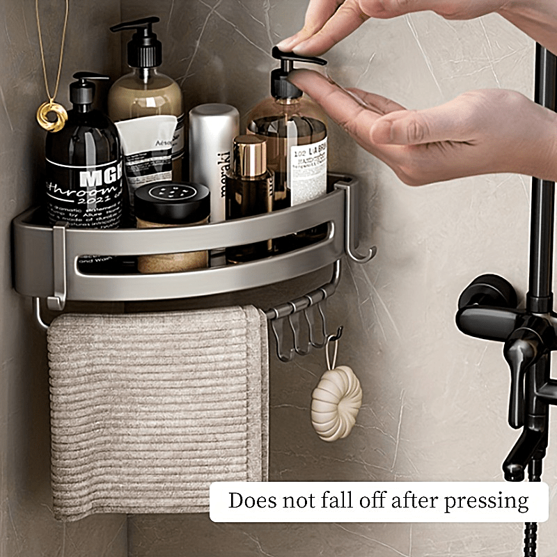 Bathroom Shower Caddy Corner Shelf Aluminum With 4 Hooks Bathroom