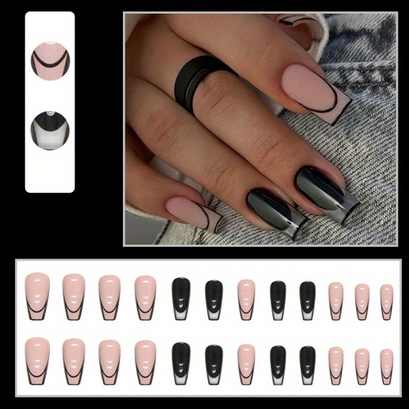 French Medium Square Press On Nailsnude And Black Fake Nailsacrylic False Nails For Women And 6533