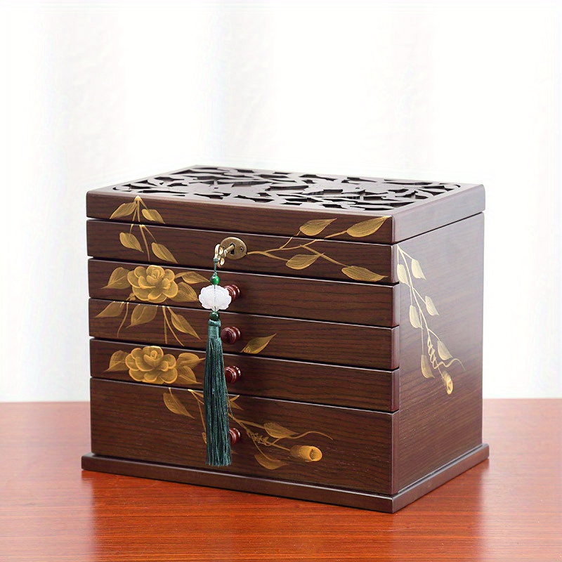 Handcrafted Wooden Jewelry Box With Key Lock, Featuring Hand-painted Rose  Pattern, Large Ring Compartment And Necklace Hooks Ideal For Storing Rings