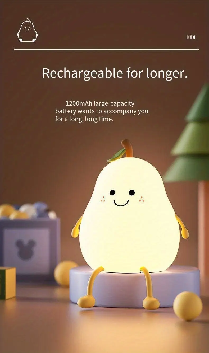 1pc cute silicone pear shape night light warm light and 7 color modes pat light with timer dimmable usb rechargeable details 1