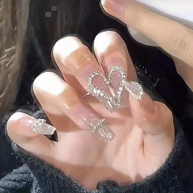 Heart Design Press On Nails With Rhinestones Long Coffin - Temu