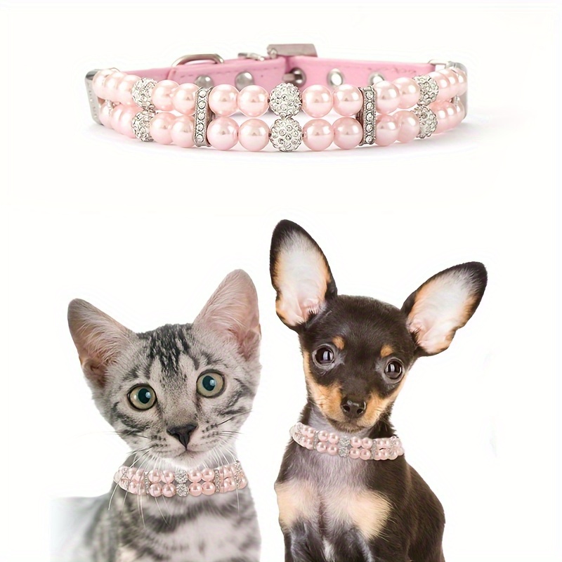 Leather Cat Collar Bling Rhinestone Puppy Cats Collars Sparkling Pearl Pet  Kitten Necklace Adjustable For Small Medium Dogs Cats