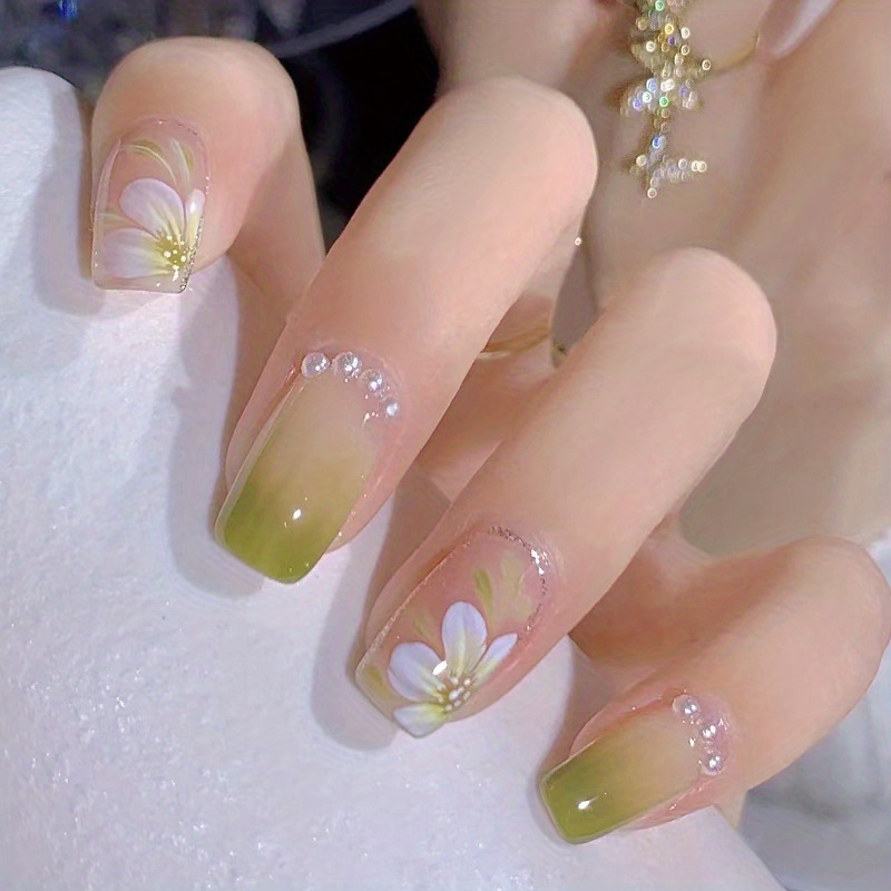TEMU Press On Nails Short 3d Green Camellia Fake Nails Full Cover Nails For Women And S
