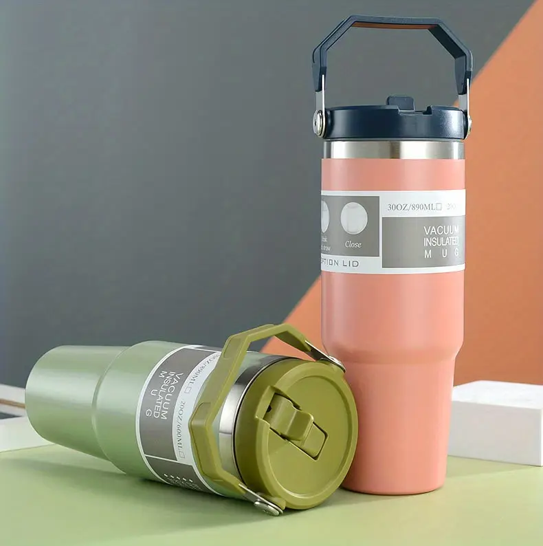 1pc 890ml 30oz double layer stainless steel vacuum water bottle with handle portable insulated mug for home outdoor camping and travel drinks hot or cold for hours details 6