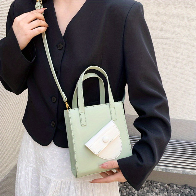 1pc Colorblock Pu Portable Zip Closure Fashion Tote Bag Suitable