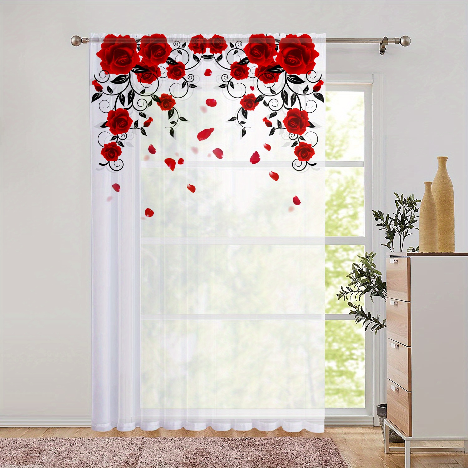 1pc red rose printing curtain rod pocket window treatment for bedroom office   room study home decor room decoration aesthetic curtain details 1