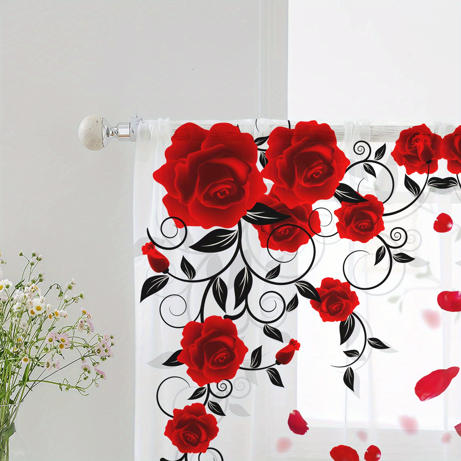 1pc red rose printing curtain rod pocket window treatment for bedroom office   room study home decor room decoration aesthetic curtain details 5