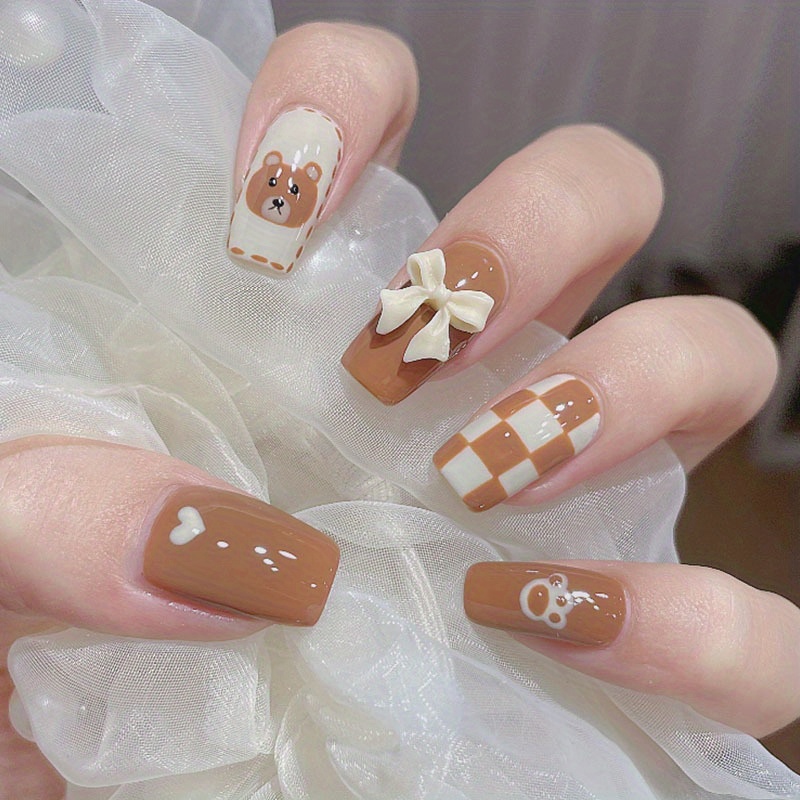 24pcs/set Fake Nails Press On Nails Short 3d Bow Cute Bear Checkerboard Fake Nails Full Cover Nails For Women And